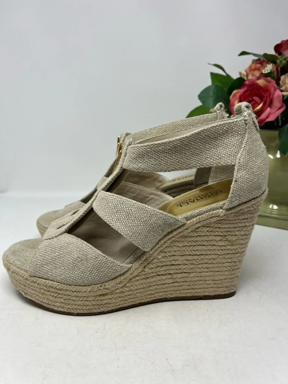 MICHAEL MICHAEL KORS DAMITA WEDGE OPEN TOE CANVAS ZIP UP SANDAL ESPADRILLES 8.5